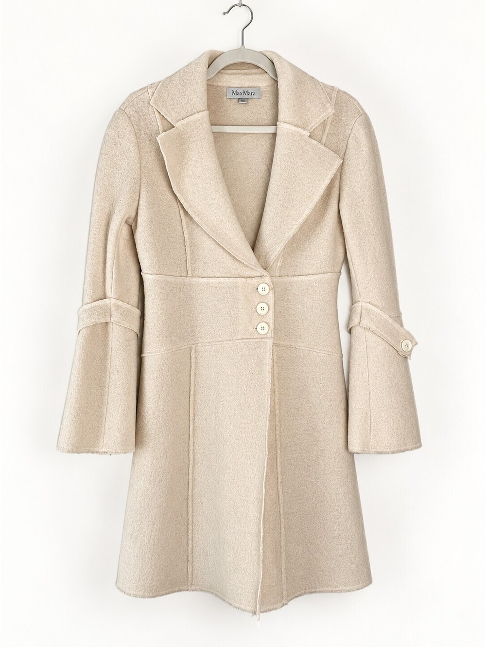 Max Mara Ivory Textured Fit & Flare Frock Coat Bell Sleeve 38